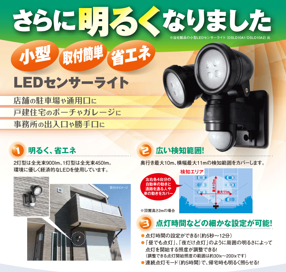 LED人感センサーライト  【明るい900ルーメン】 DSLD10B2 DXデルカテック
