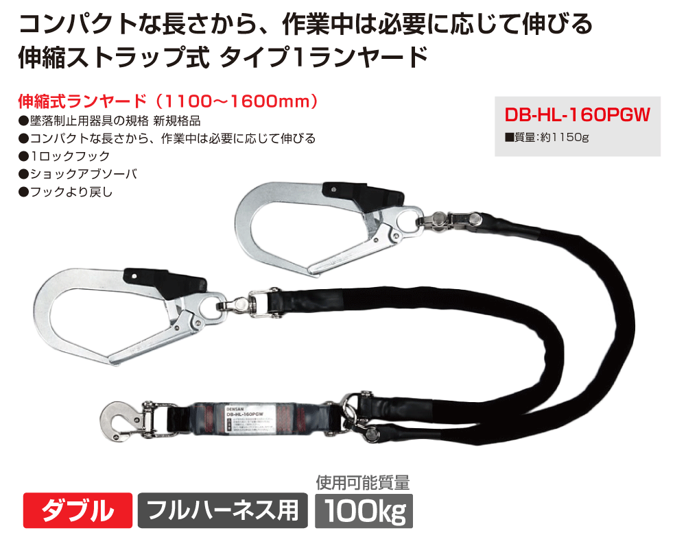 【新規格品】フルハーネス用ランヤード ダブル 1,100～1,600mm伸縮