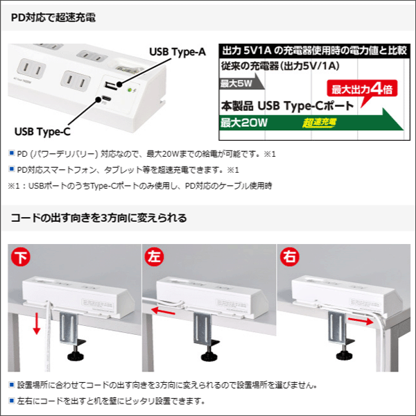 【ELPA（朝日電器）】PD対応 USB 集中スイッチ付デスクタップ（ホワイト） WLS-DS4222SUC(W)