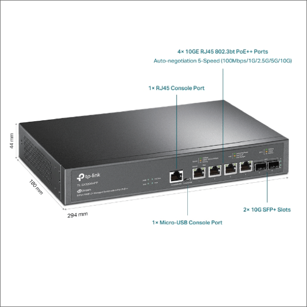 【TP-LINK】JetStream 6ポート 10GE L2+マネージスイッチ（4 PoE++ポート搭載）／2スロット 10G SFP+ TL-SX3206HPP