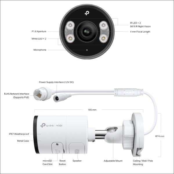 【TP-LINK】VIGI 8MP 屋外用フルカラーバレット型ネットワークカメラ（2.8mm） VIGI C385（2.8mm）