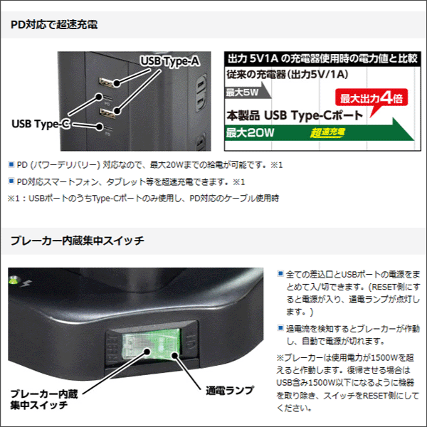 【ELPA（朝日電器）】PD対応 USB タワー型 集中スイッチ付タップ WBS-TW12442BUC(BK)