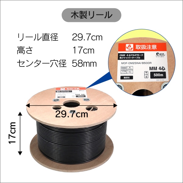OM2 50/125μm 4心マルチモード 光ファイバインドアケーブル　500mドラム巻