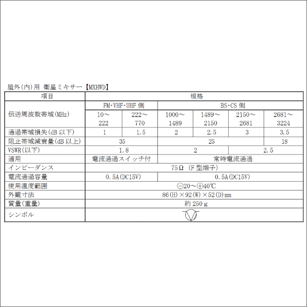 【マスプロ電工】衛星ミキサー（屋外用）BS・CS+FM・VHF・UHF（電流通過スイッチ付） MXHWD