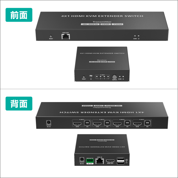 【4K60Hz対応】HDMI KVM エクステンダー切替器 4入力 1出力 70m