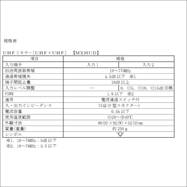 【マスプロ電工】UHFミキサー（スタック対応） MXHUD-P