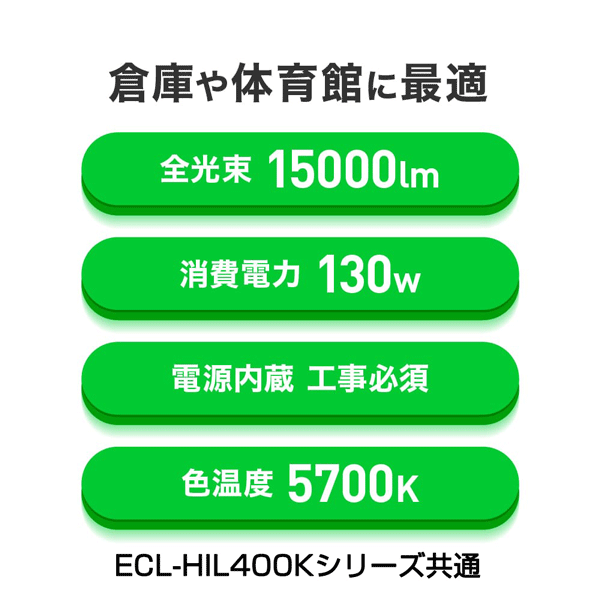 【エコリカ】高天井LED HIL250シリーズ／屋内専用（配光角70°） ECL-HIL250K-HK70