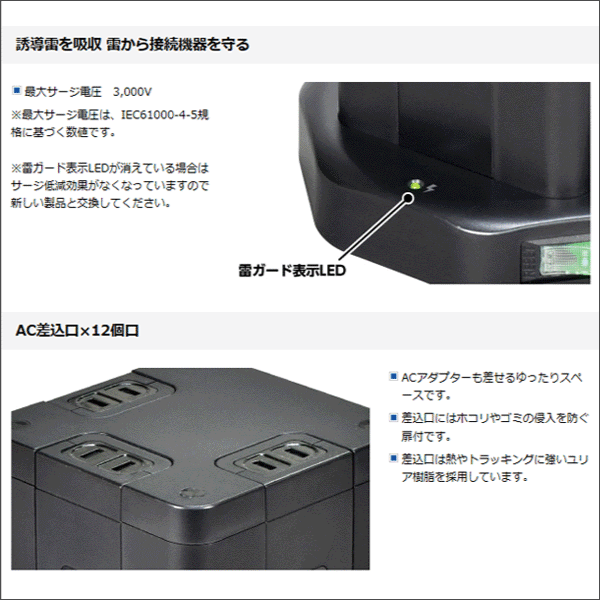 【ELPA（朝日電器）】PD対応 USB タワー型 集中スイッチ付タップ WBS-TW12442BUC(BK)