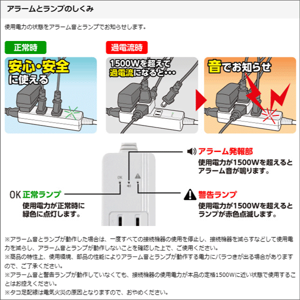 【ELPA（朝日電器）】アラームタップ 2個口 A-A2L(W)
