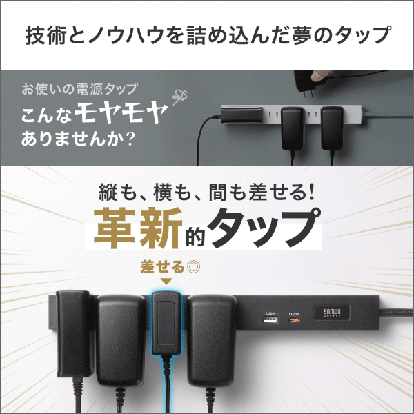 【サンワサプライ】スリムタップ（AC6個口、A1＋C1、PD33W、1.5m、ホワイト） TAP-SLIM6UC-15W