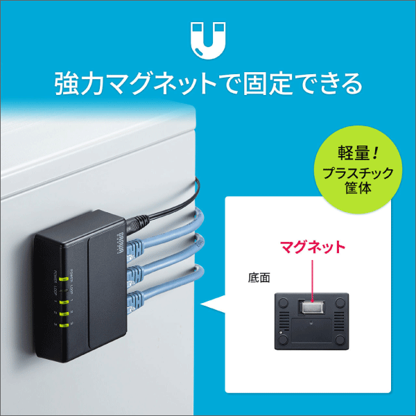 【サンワサプライ】ギガビット対応 スイッチングハブ（3ポート、マグネット付き） LAN-GIGAP301BK