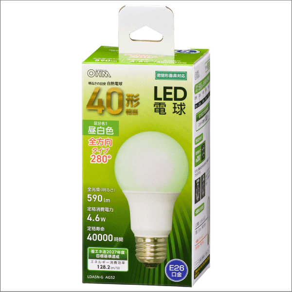 【オーム電機】LED電球 E26 40形相当（昼光色）全方向 2個入 LDA5D-G AG52 2P