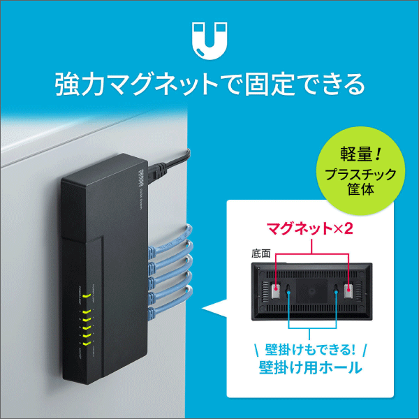 【サンワサプライ】ギガビット対応 スイッチングハブ（5ポート、マグネット付き） LAN-GIGAP502BK