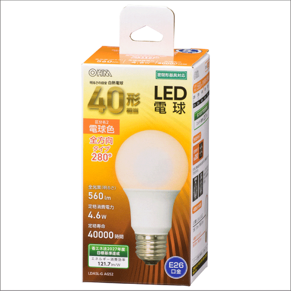 【オーム電機】LED電球 E26 40形相当（昼光色）全方向 2個入 LDA5D-G AG52 2P