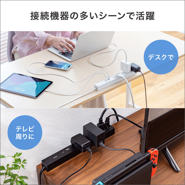 【サンワサプライ】スリムタップ（AC6個口、A1＋C1、PD33W、1.5m、ホワイト） TAP-SLIM6UC-15W