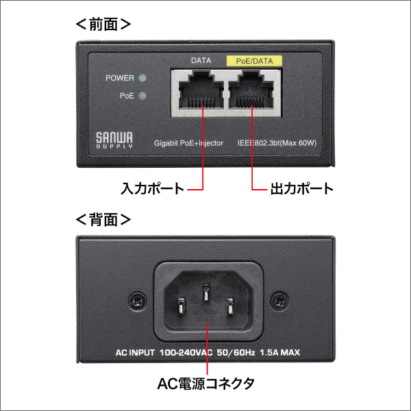 【サンワサプライ】PoEインジェクター（電源内蔵、IEEE802.3bt（60W）対応） LAN-GIHINJ5
