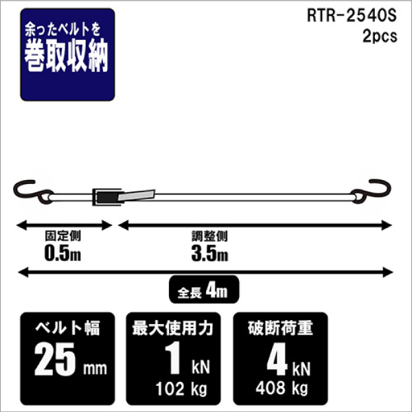 【E-Value】ラチェット式荷締機ベルト収納 RTR-2540S 2pcs