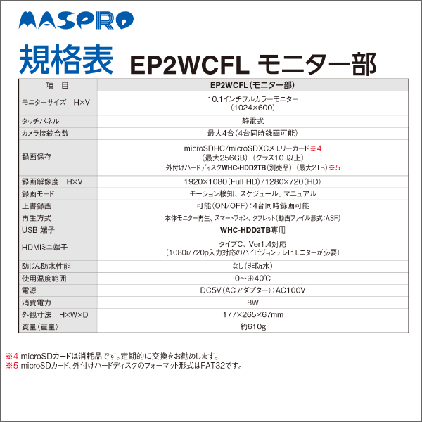 マスプロ電工 カメラ モニター＆ワイヤレス 増設カメラ フルハイビジョン EP2WCF-C