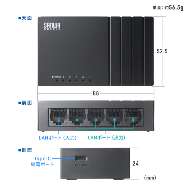 【サンワサプライ】ギガビット対応 スイッチングハブ（5ポート、Type-C給電） LAN-GIGAC503BK
