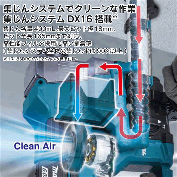 【マキタ】充電式ハンマドリル（18mm） 集じんシステムDX16付（18V バッテリー、充電器付） HR183DRGXV