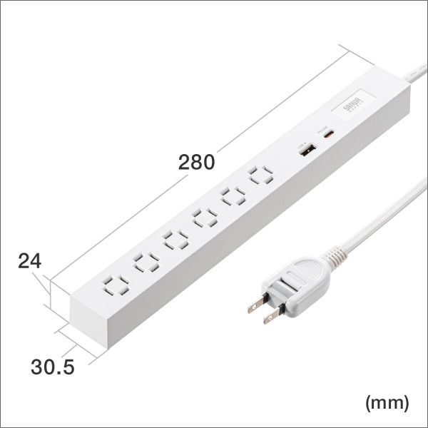 【サンワサプライ】スリムタップ（AC6個口、A1＋C1、PD33W、1.5m、ホワイト） TAP-SLIM6UC-15W