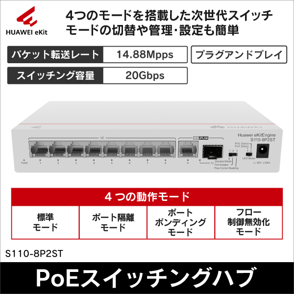 【HUAWEI】eKitEngine アンマネージドスイッチ（ダウンリンクポート：PoE+ポート×8、アップリンクポート：GE RJ45ポート×1、GE SFPポート×1）S110 シリーズ S110-8P2ST