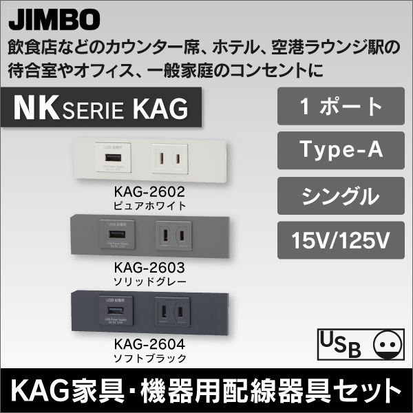 【神保電器】NKシリーズ KAG 家具・機器用配線器具セット 埋込USB給電用コンセント 1ポート Type-A+埋込コンセント（ピュアホワイト） KAG-2602