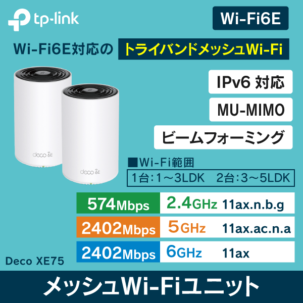 【TP-LINK】 メッシュWi-Fiユニット Deco XE75（2台セット）