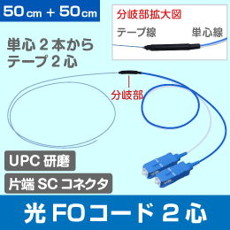 FOコード SM 2心  SCコネクタ　UPC研磨 SM 50cm+50cm  テープ2心線
