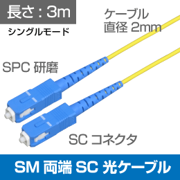 光ファイバー　シングルモード用　両端SCコネクタ　SPC研磨　SM　3m　ケーブル径φ2.0