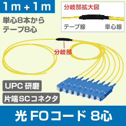 FOコード SM 8心  SCコネクタ UPC研磨 SM 1m+1m  テープ8心線