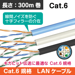 LANケーブル 300m巻　Cat.6　カテゴリー6　コイルレス巻　黒色