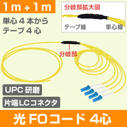 FOコード SM 4心 LCコネクタ UPC研磨 SM 1m+1m テープ4心線