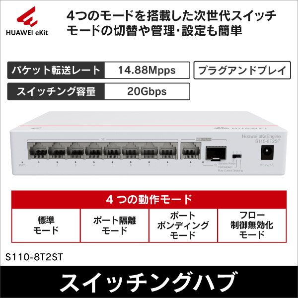 【HUAWEI】eKitEngine アンマネージドスイッチ（ダウンリンクポート：ポート×8、アップリンクポート：GE RJ45ポート×1、GE SFPポート×1）S110 シリーズ S110-8T2ST