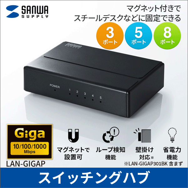 【サンワサプライ】ギガビット対応 スイッチングハブ(3ポート、マグネット付き) LAN-GIGAP301BK