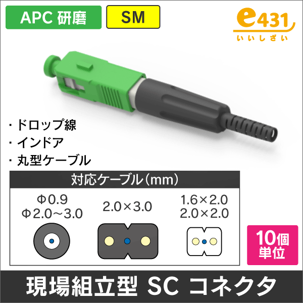 現場組立SCコネクタ APC研磨 Φ0.9、2.0~3.0mm丸形ケーブル、2×1.6/2.0/3.0mmケーブル適合