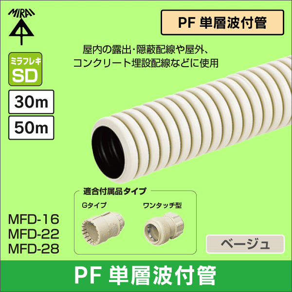 【未来工業】ミラフレキSD（PFD）PF複層波付管（近似内径φ16）長さ50m（ベージュ） MFD-16