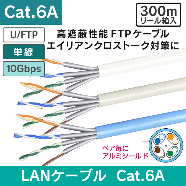 LANケーブル U/FTP (高遮蔽アルミシールド型) 300m巻 Cat.6A カテゴリー6A  10Gbps　ライトグレー