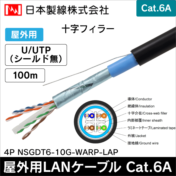 【日本製線】10ギガビット伝送対応 Cat.6A 屋外用 U/UTP ケーブル(100m) 4P NSGDT6-10G-WARP-LAP