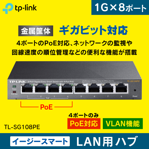 【TP-LINK】スイッチングハブ 8ポート【イージースマート + PoE4ポート】VLAN機能搭載 ギガビット TL-SG108PE