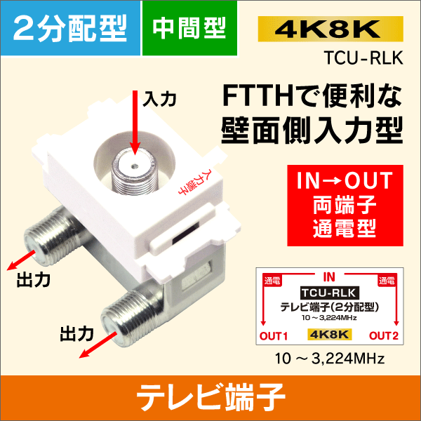 テレビ端子　2分配型　壁面入力　全端子通電型　FTTHで便利な壁面入力端子!【4K8K対応】