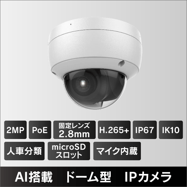 2MP ドーム型IPカメラ 2.8mmレンズ PoE給電 IP67 IK10 マイクロSDスロット＆集音マイク内蔵