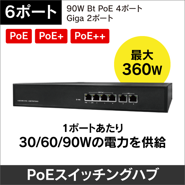 PoEスイッチングハブ 6ポート（90W Bt PoE 4ポート+Giga 2ポート） ギガビット　IEEE 802.3bt 出力