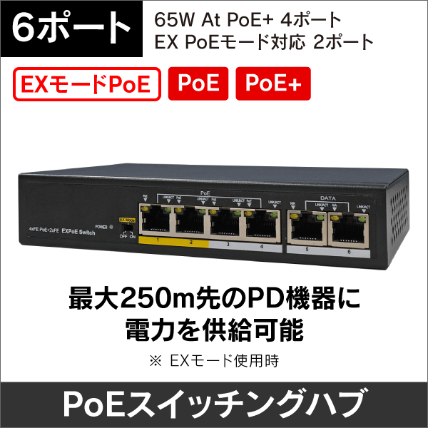 10/100Mbps EXPoEスイッチングハブ 6ポート(PoE+ 4ポート)  最大250m先のPD機器に電力を供給可能