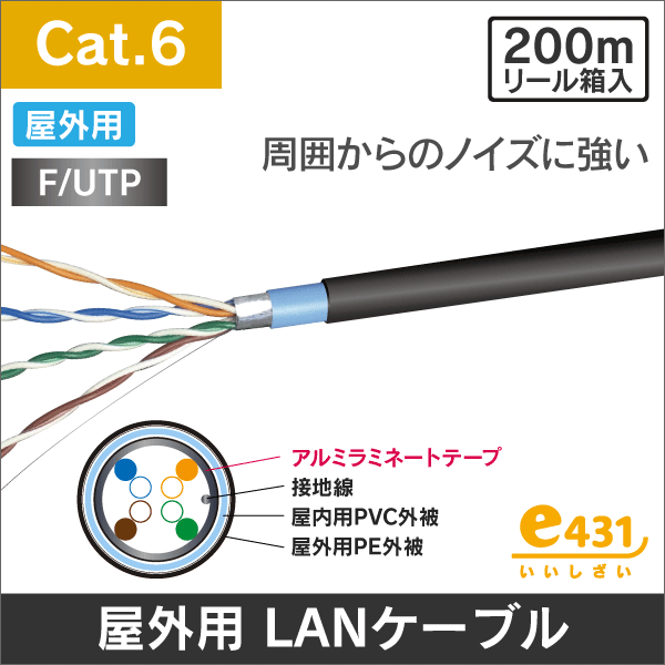 屋外用LANケーブル シールド付 F/UTP Cat.6 リール内蔵箱入 200m巻