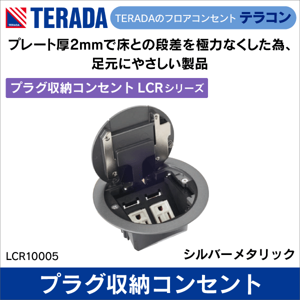 【TERADA】プラグ収納コンセント プレート器具（平刃 電源接地付×2／シルバーメタリック）LCRシリーズ LCR10005