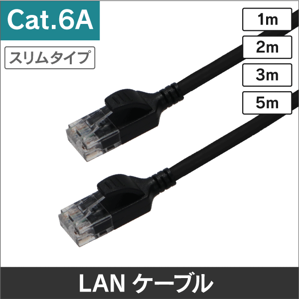 スリムタイプLANケーブル　コネクタ付　U/UTP　Cat.6A　ブラック　1m