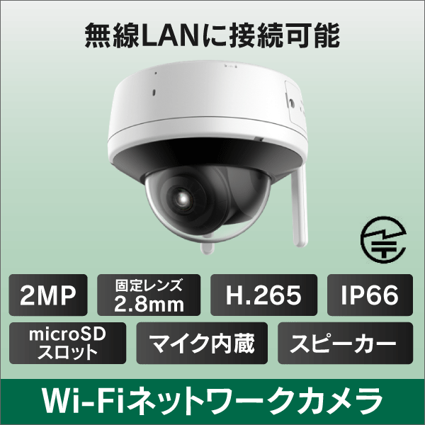 2MP ドーム型 Wi-Fiネットワークカメラ 2.8mmレンズ IP66 μSDスロット内蔵/双方向通話