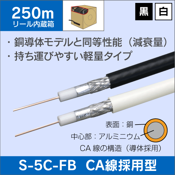 同軸ケーブル S-5C-FB-CA 250m巻 リール内蔵箱 (CA線の導体モデル)【4K8K対応モデル】黒