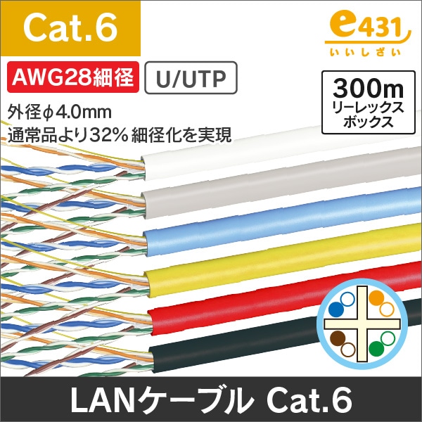LANケーブル AWG28細径0.3-4P U/UTP Cat.6 リーレックス箱入 300m巻 ライトグレー